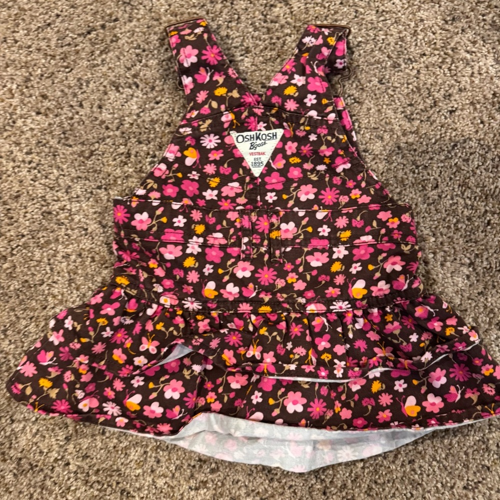 Vintage OshKosh Floral Corduroy Jumper Dress 6M Pink Brown Ruffle - Picture 5 of 7